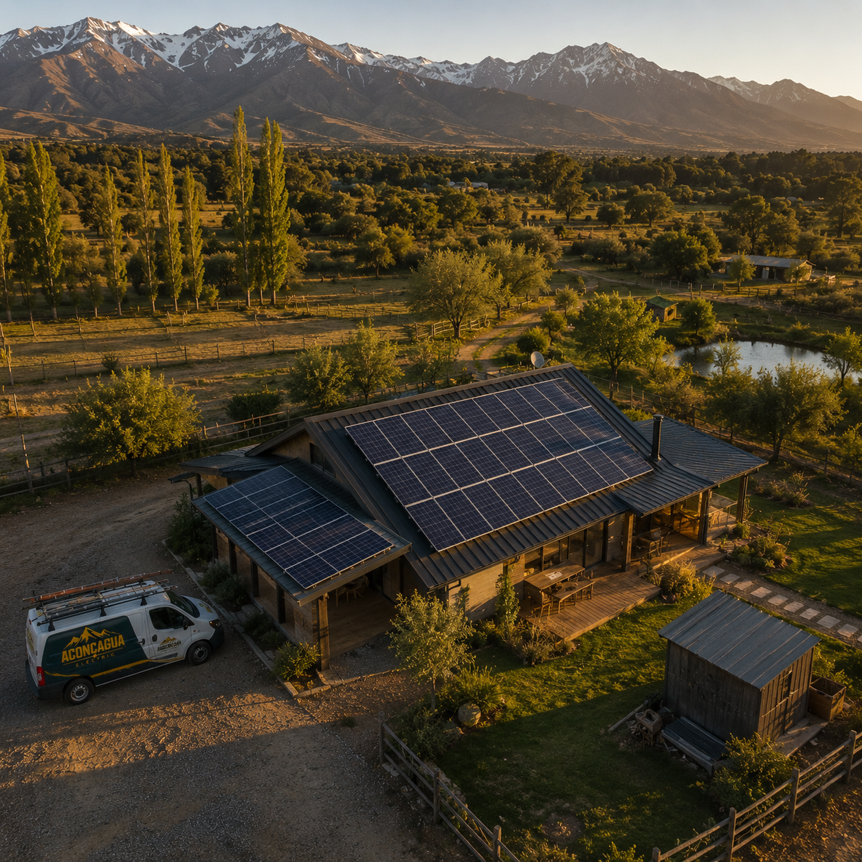 Casa rural con paneles solares y furgón Aconcagua
